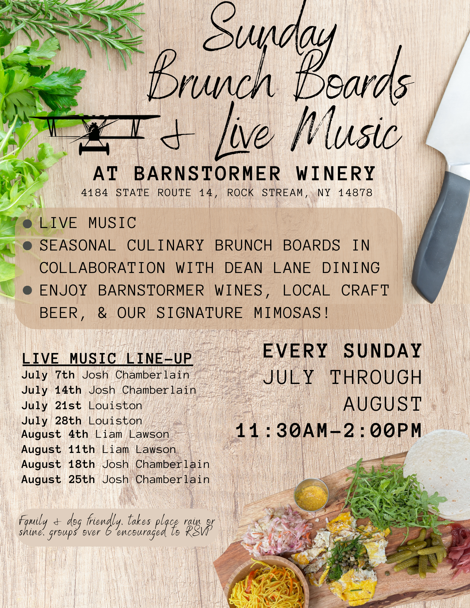 Sunday Brunch series & live music. Seasonally sourced ingredients for our brunch boards in collaboration with Dean Lane Dining, featuring live music. Every Sunday July through August 2024!