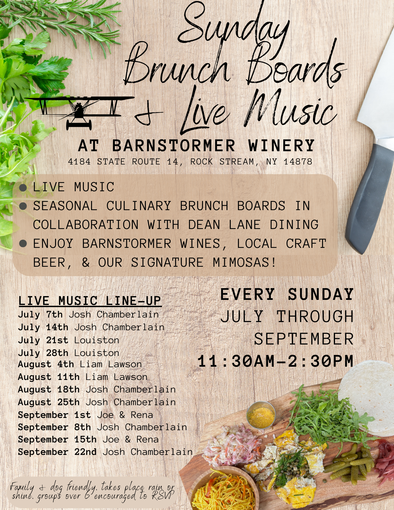 Sunday Brunch series & live music. Seasonally sourced ingredients for our brunch boards in collaboration with Dean Lane Dining, featuring live music. Every Sunday July through September 2024!