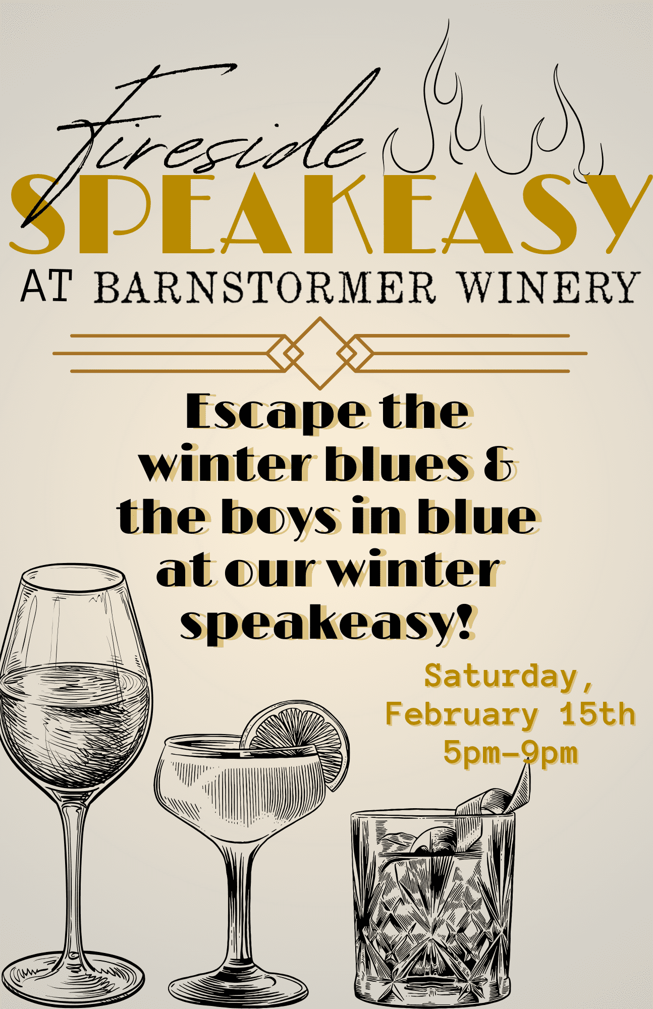 Fireside speakeasy at Barnstormer Winery